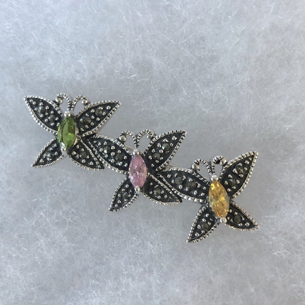 Sterling Silver Marcasite Butterflies Pin w/Green, Pink & Yellow Faceted Crystal